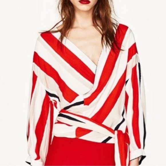 Zara Tops - Zara Basic Stripe Wrap Blouse Long Sleeve Top Blouse L